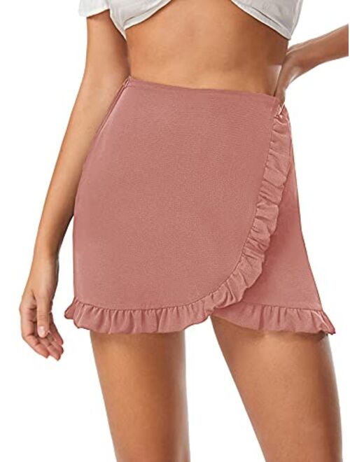 SheIn Women's Mid Waist Ruffle Wrap Skorts Asymmetrical Plain Skirt Shorts