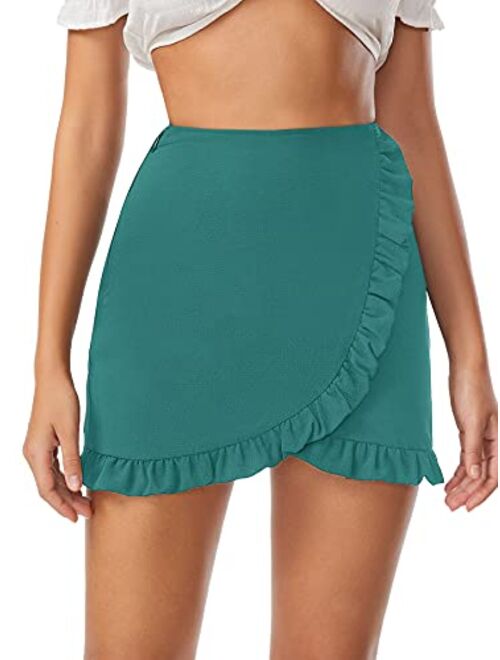 SheIn Women's Mid Waist Ruffle Wrap Skorts Asymmetrical Plain Skirt Shorts