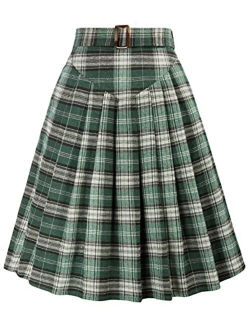 Women Plaid Midi Skirt Vintage Pleated Skirt with Pockets & Belts