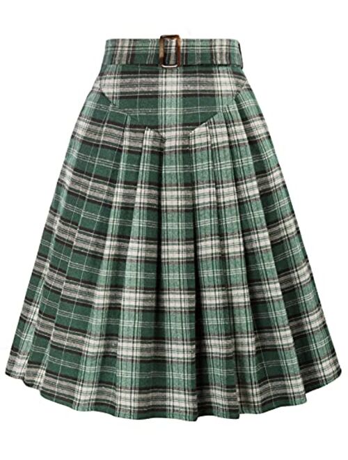 Belle Poque Women Plaid Midi Skirt Vintage Pleated Skirt with Pockets & Belts