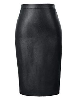Women's Faux Leather Pencil Skirt Elegant High Waist Bodycon Skirt Back Split