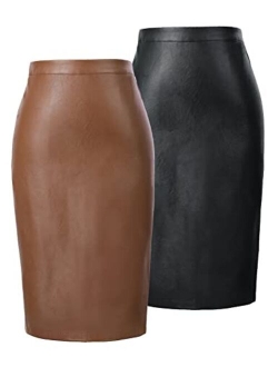 Women's Faux Leather Pencil Skirt Elegant High Waist Bodycon Skirt Back Split