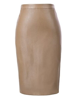 Women's Faux Leather Pencil Skirt Elegant High Waist Bodycon Skirt Back Split