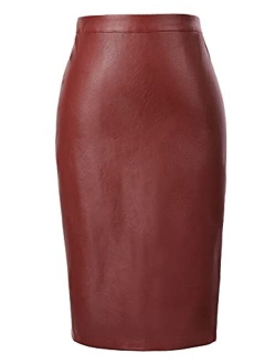 Women's Faux Leather Pencil Skirt Elegant High Waist Bodycon Skirt Back Split