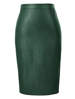 Women's Faux Leather Pencil Skirt Elegant High Waist Bodycon Skirt Back Split