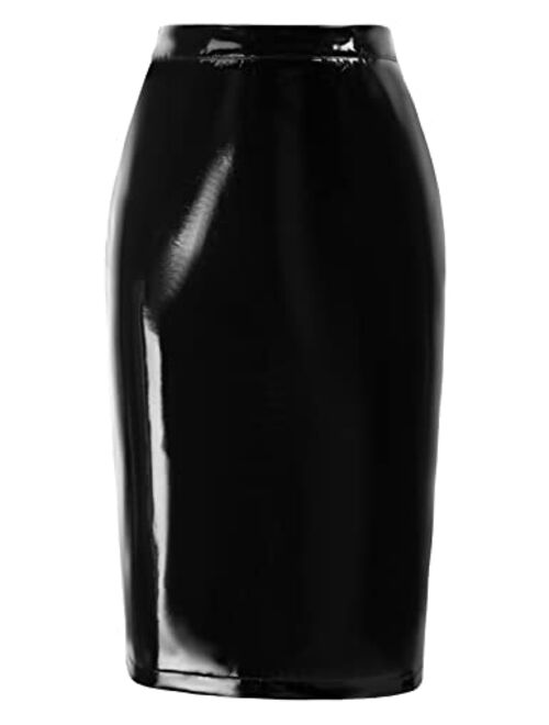 Kate Kasin Women's Faux Leather Pencil Skirt Elegant High Waist Bodycon Skirt Back Split