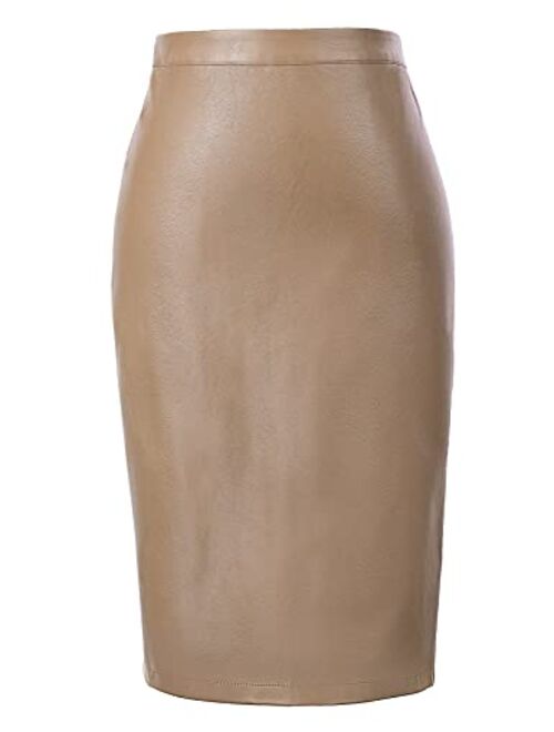 Kate Kasin Women's Faux Leather Pencil Skirt Elegant High Waist Bodycon Skirt Back Split