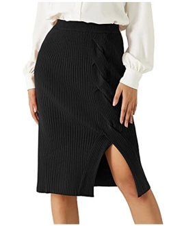 Women's Knee Length Stretchy Ribbed Skirt for Office Work Hips-Wrapped Skirts