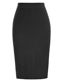 Women's Knee Length Stretchy Ribbed Skirt for Office Work Hips-Wrapped Skirts