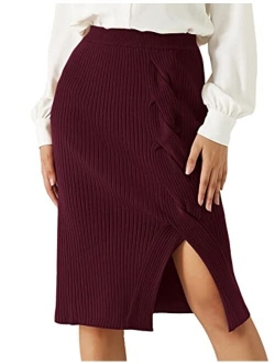 Women's Knee Length Stretchy Ribbed Skirt for Office Work Hips-Wrapped Skirts