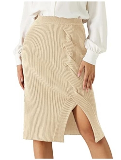 Women's Knee Length Stretchy Ribbed Skirt for Office Work Hips-Wrapped Skirts