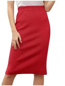 Women's Knee Length Stretchy Ribbed Skirt for Office Work Hips-Wrapped Skirts