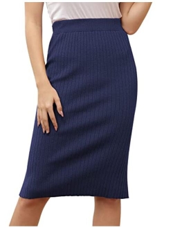 Women's Knee Length Stretchy Ribbed Skirt for Office Work Hips-Wrapped Skirts