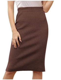 Women's Knee Length Stretchy Ribbed Skirt for Office Work Hips-Wrapped Skirts