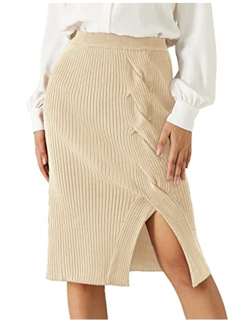 Kate Kasin Women's Knee Length Stretchy Ribbed Skirt for Office Work Hips-Wrapped Skirts