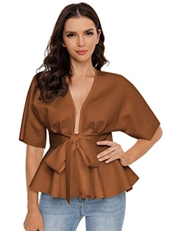 Women's Plunge V Neck Short Sleeve Ruffle Hem Tie Front Peplum Top Blouses