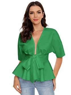 Women's Plunge V Neck Short Sleeve Ruffle Hem Tie Front Peplum Top Blouses