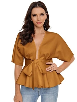 Women's Plunge V Neck Short Sleeve Ruffle Hem Tie Front Peplum Top Blouses