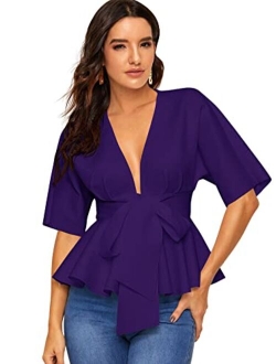 Women's Plunge V Neck Short Sleeve Ruffle Hem Tie Front Peplum Top Blouses