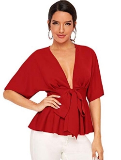 Women's Plunge V Neck Short Sleeve Ruffle Hem Tie Front Peplum Top Blouses