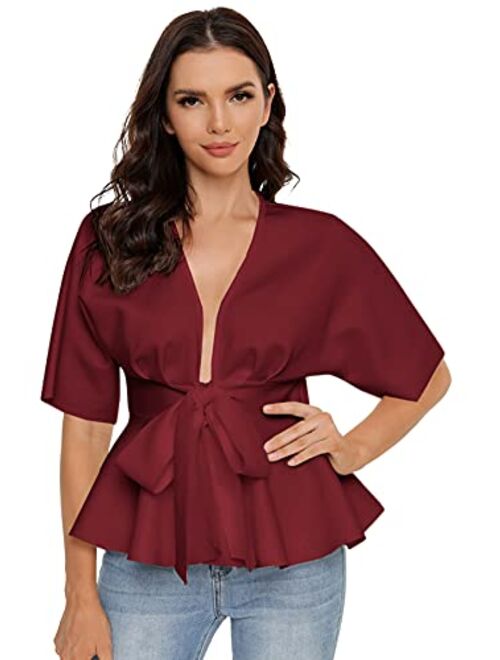 SheIn Women's Plunge V Neck Short Sleeve Ruffle Hem Tie Front Peplum Top Blouses