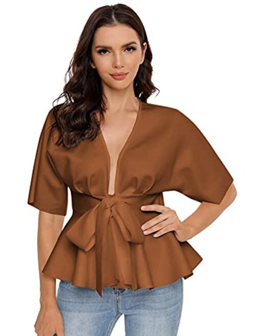 SheIn Women's Plunge V Neck Short Sleeve Ruffle Hem Tie Front Peplum Top Blouses