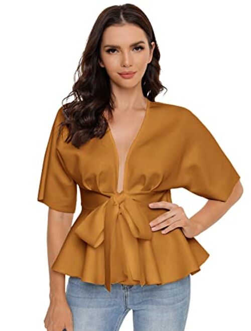 SheIn Women's Plunge V Neck Short Sleeve Ruffle Hem Tie Front Peplum Top Blouses