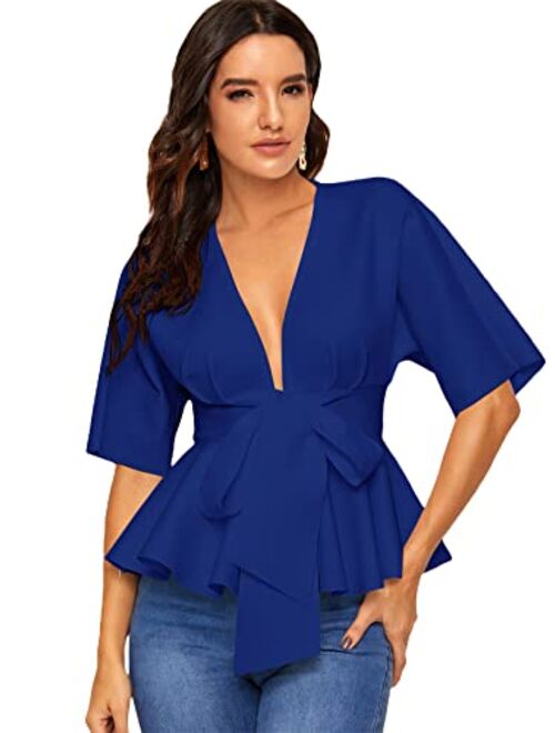 SheIn Women's Plunge V Neck Short Sleeve Ruffle Hem Tie Front Peplum Top Blouses