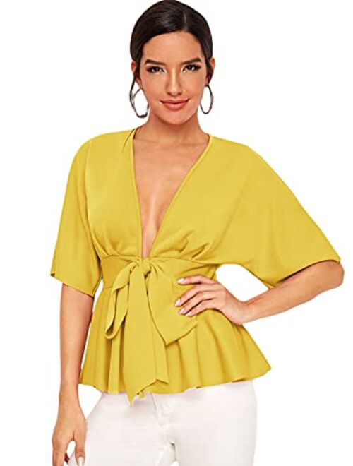 SheIn Women's Plunge V Neck Short Sleeve Ruffle Hem Tie Front Peplum Top Blouses