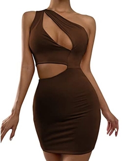 Women's Sexy One Shoulder Sleeveless Cutout Mini Club Pencil Bodycon Dress