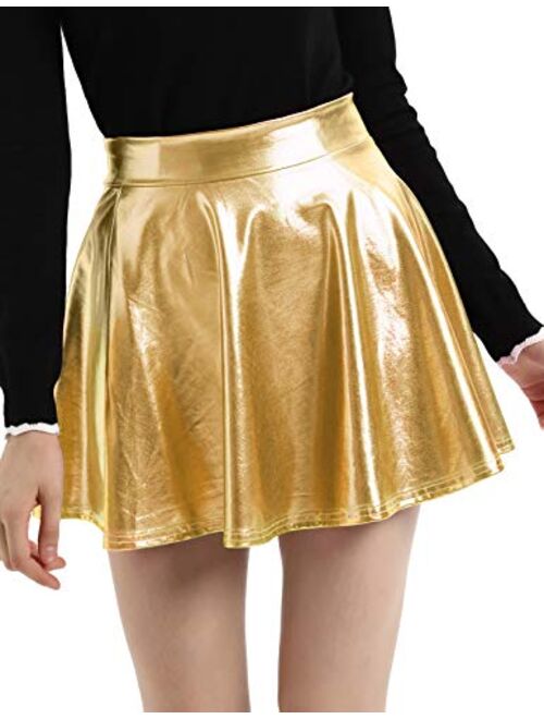 Kate Kasin Women's Shiny Metallic Skater Skirt Fashion Flared Mini Skirt