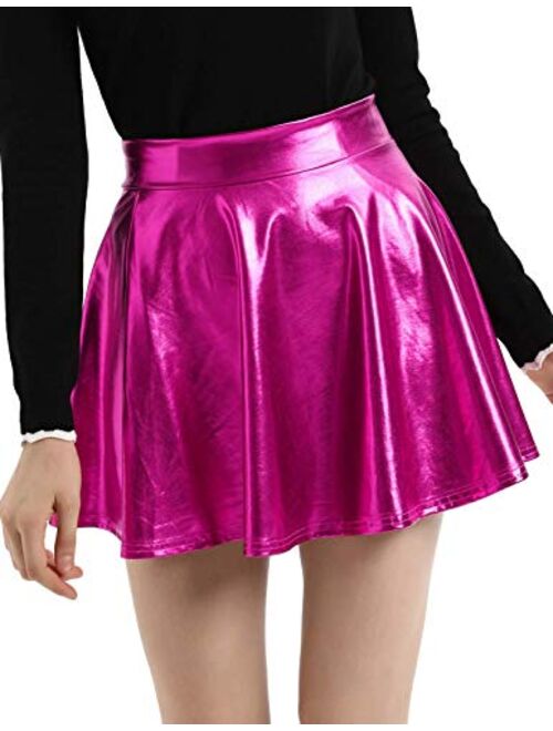 Kate Kasin Women's Shiny Metallic Skater Skirt Fashion Flared Mini Skirt