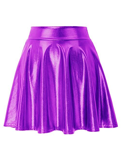 Kate Kasin Women's Shiny Metallic Skater Skirt Fashion Flared Mini Skirt