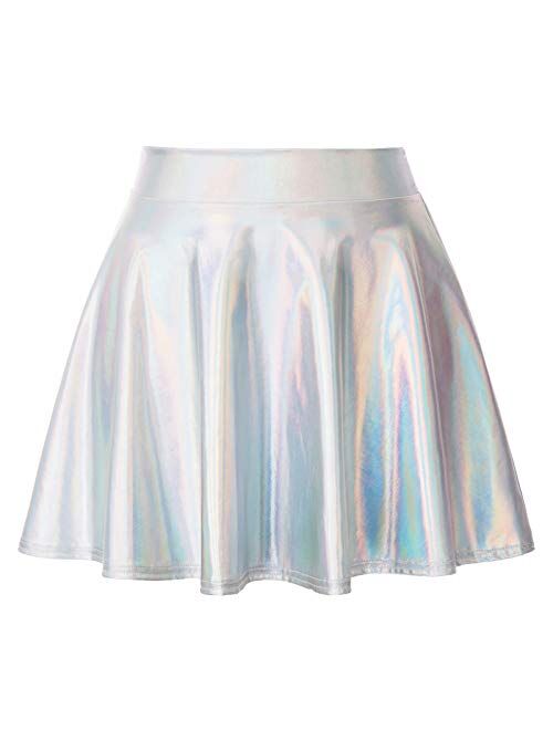 Kate Kasin Women's Shiny Metallic Skater Skirt Fashion Flared Mini Skirt