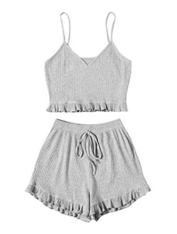 Women's 2 Pieces Sleeveless V Neck Crop Top Frill Trim Shorts Pajama Sets