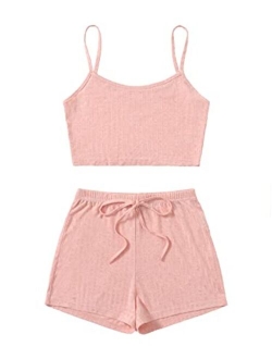 Women's 2 Pieces Sleeveless V Neck Crop Top Frill Trim Shorts Pajama Sets