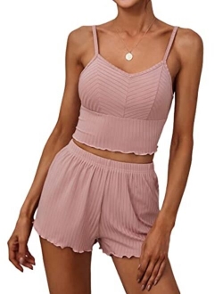 Women's 2 Pieces Sleeveless V Neck Crop Top Frill Trim Shorts Pajama Sets