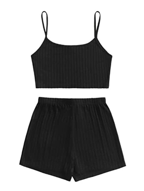 SheIn Women's 2 Pieces Sleeveless V Neck Crop Top Frill Trim Shorts Pajama Sets