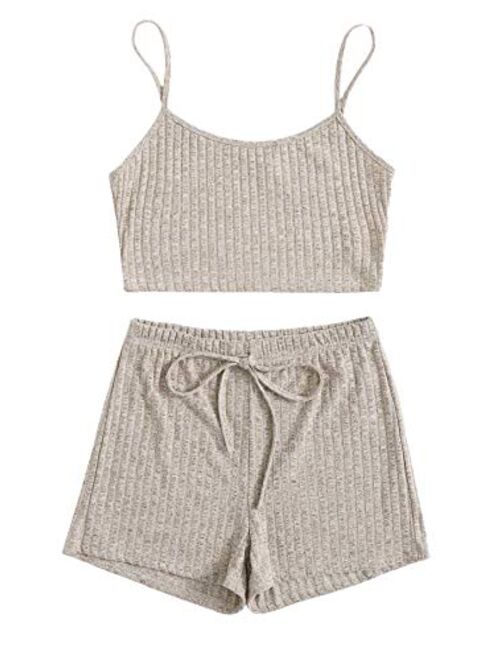 SheIn Women's 2 Pieces Sleeveless V Neck Crop Top Frill Trim Shorts Pajama Sets