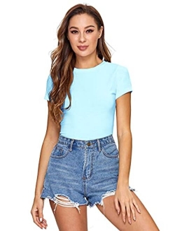 Women's Solid Basic Tee Round Neck Short Sleeve Slim Fit T-Shirt Tops