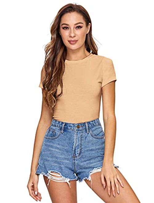 SheIn Women's Solid Basic Tee Round Neck Short Sleeve Slim Fit T-Shirt Tops