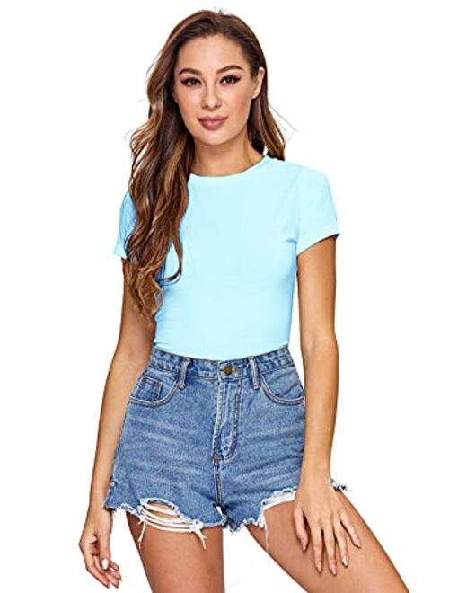 SheIn Women's Solid Basic Tee Round Neck Short Sleeve Slim Fit T-Shirt Tops