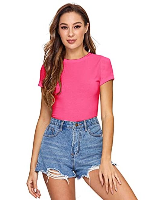 SheIn Women's Solid Basic Tee Round Neck Short Sleeve Slim Fit T-Shirt Tops