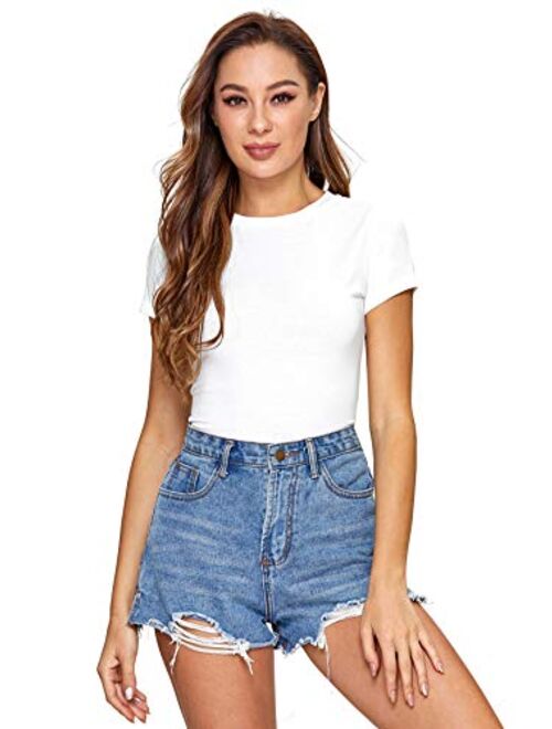 SheIn Women's Solid Basic Tee Round Neck Short Sleeve Slim Fit T-Shirt Tops