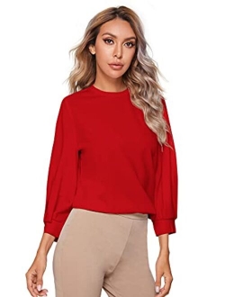 Women's 3/4 Long Sleeve Casual Office Blouse for Work Round Neck Top Plain Shirt