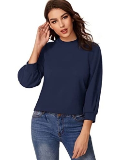 Women's 3/4 Long Sleeve Casual Office Blouse for Work Round Neck Top Plain Shirt