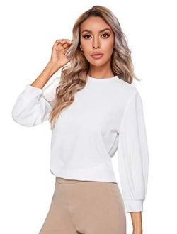 Women's 3/4 Long Sleeve Casual Office Blouse for Work Round Neck Top Plain Shirt