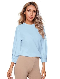 Women's 3/4 Long Sleeve Casual Office Blouse for Work Round Neck Top Plain Shirt