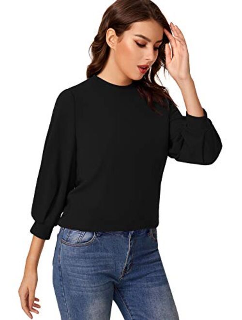 SheIn Women's 3/4 Long Sleeve Casual Office Blouse for Work Round Neck Top Plain Shirt