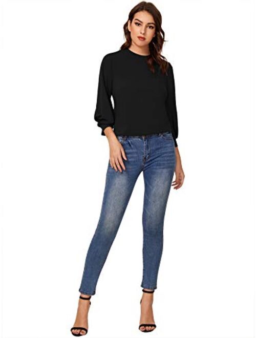 SheIn Women's 3/4 Long Sleeve Casual Office Blouse for Work Round Neck Top Plain Shirt